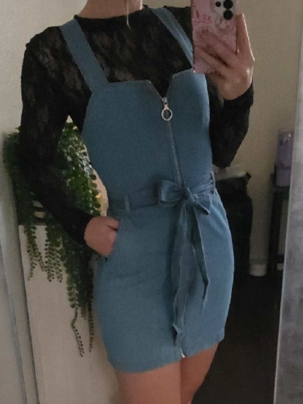Womens Blue Denim Zip-Front One-Piece Dress with Tie Belt